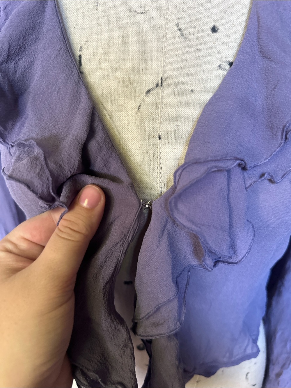 Ruffled Long-Sleeve V-Neck Blouse - Purple - Picture 2 of 7